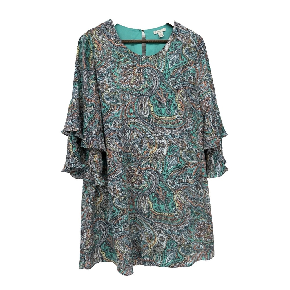 Bright colored artsy Paisley Ruffled crinkle Flare Bell Sleeves shift mini dress